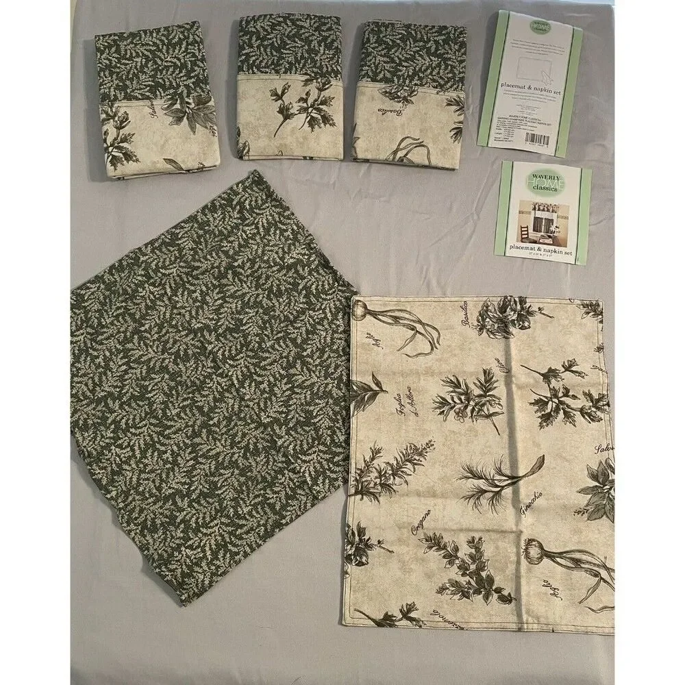 Waverly Placemats And Napkins Set Of 4 Green And Beige New
